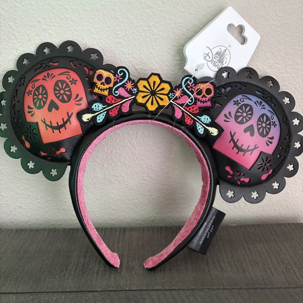 Disney Pixar Coco Floral Skull Minnie Ears Faux Leather Headband Day Of The Dead